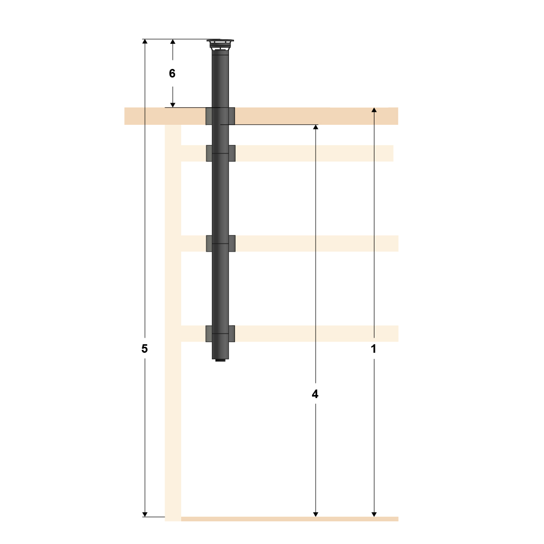 Illustration of top mounting, standard pipe and four floors with flat roof.