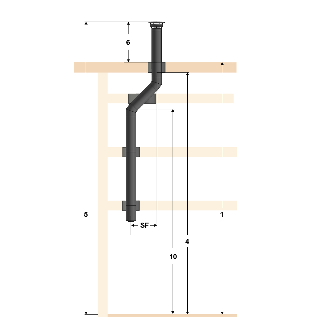 Illustration of top mounting, standard pipe and four floors with flat roof.