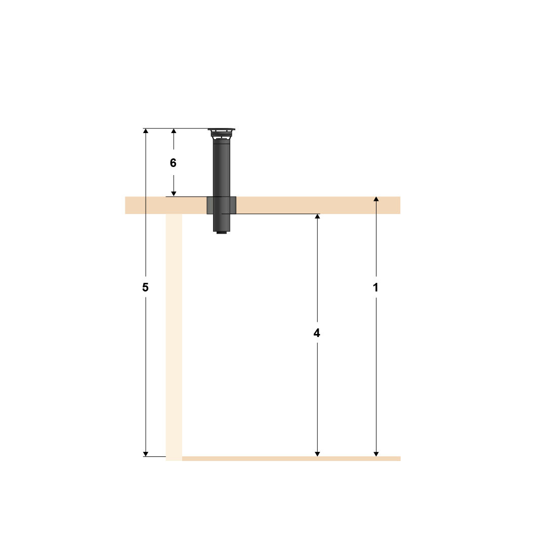 Illustration of top mounting, standard pipe and four floors with flat roof.