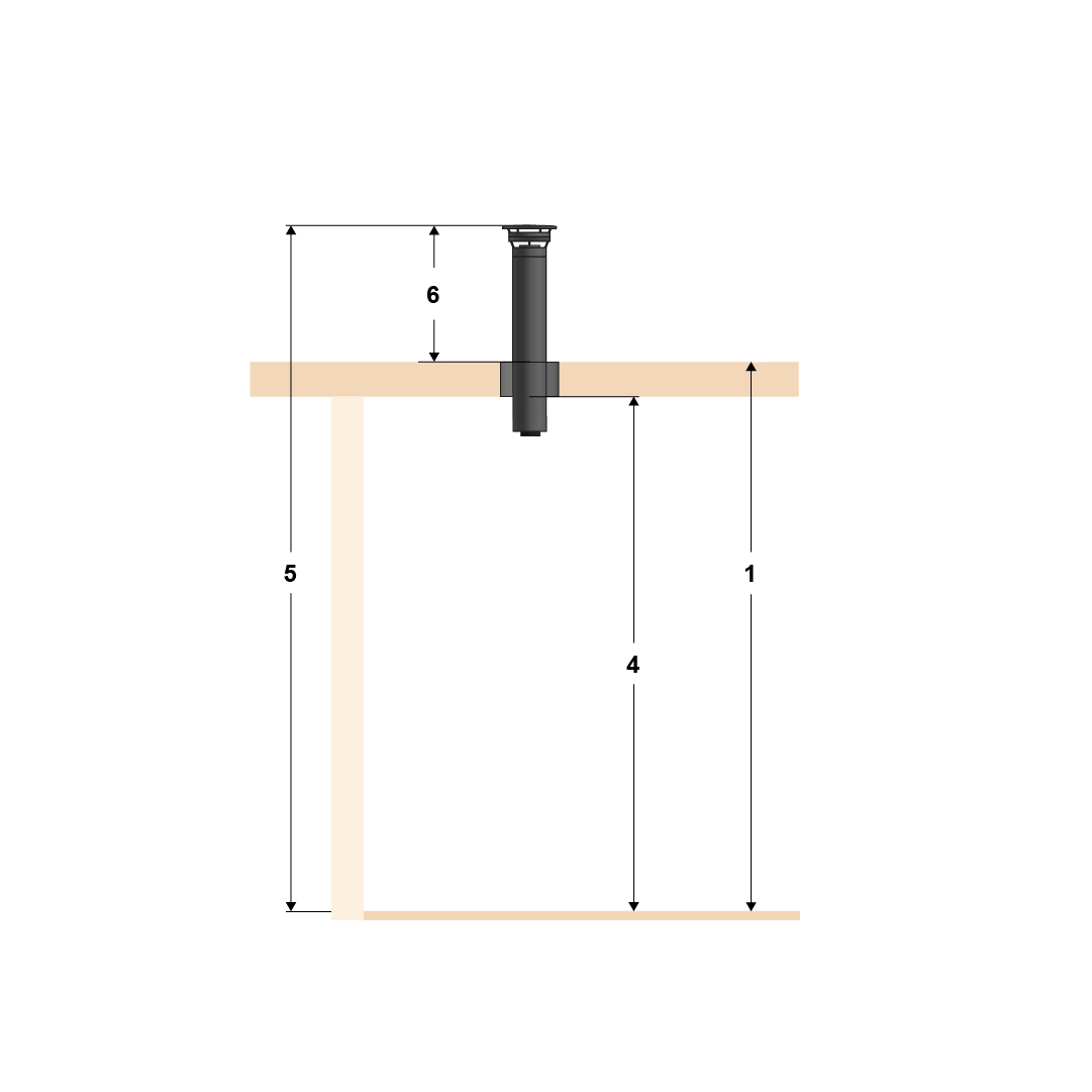 Illustration of top mounting, standard pipe and four floors with flat roof.