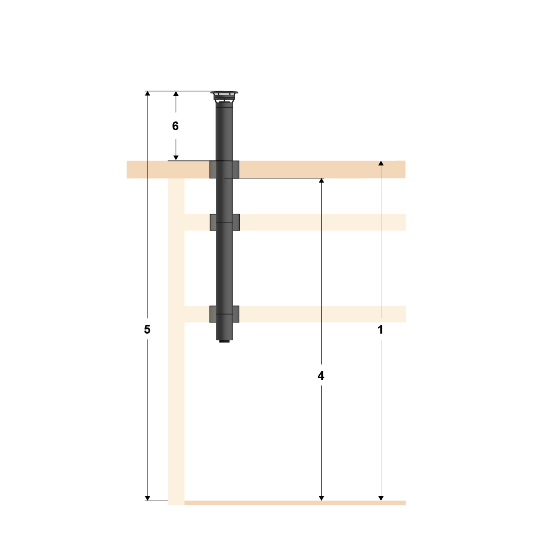 Illustration of top mounting, standard pipe and four floors with flat roof.