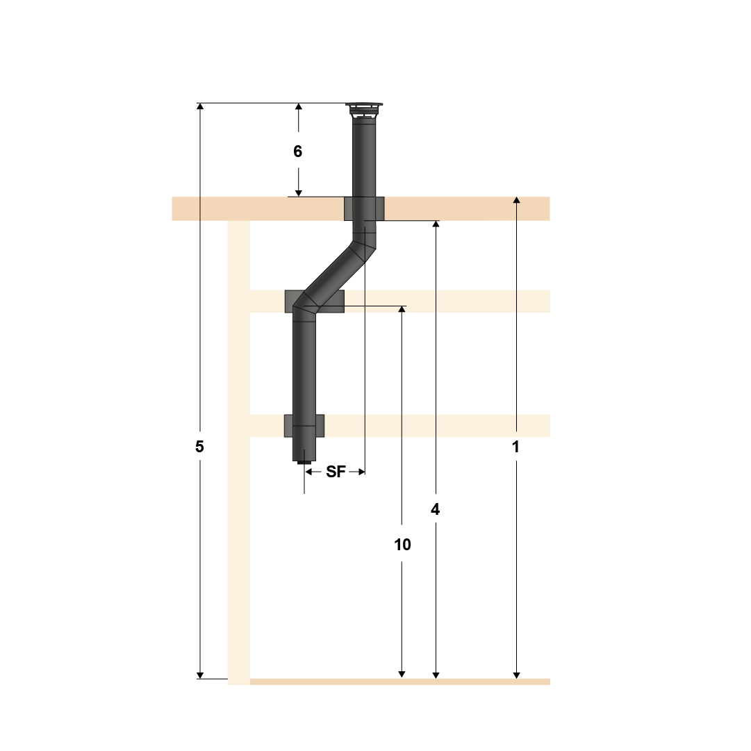 Illustration of top mounting, standard pipe and four floors with flat roof.