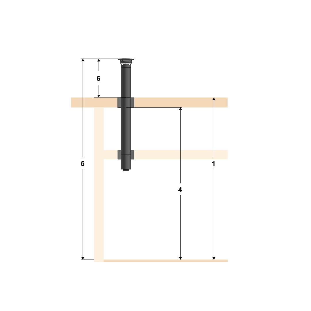 Illustration of top mounting, standard pipe and four floors with flat roof.