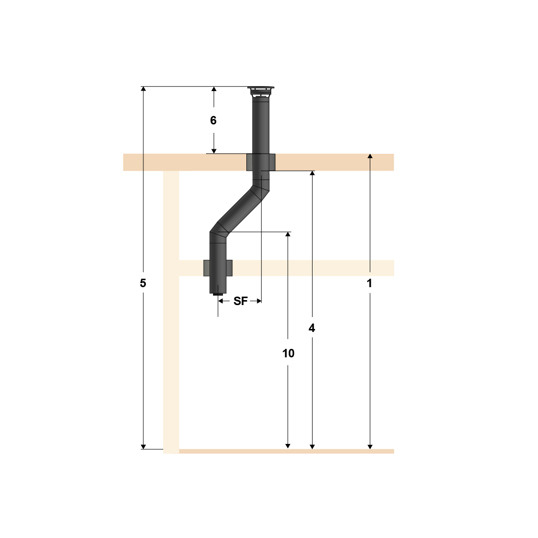 Illustration of top mounting, standard pipe and four floors with flat roof.